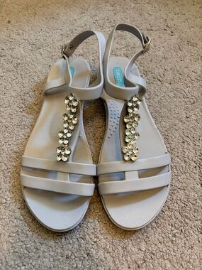 OKA b. Jeweled T-Strap Sandals in Light Gray